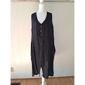 Alessia Pacini Linen Dress 1X Lagenlook Navy Blue Buttons VNeck